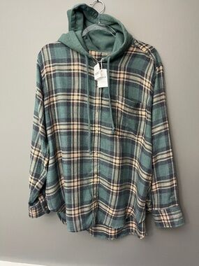American Eagle Outfitters Women’s Button Down Green Plaid Flannel Hoodie - L